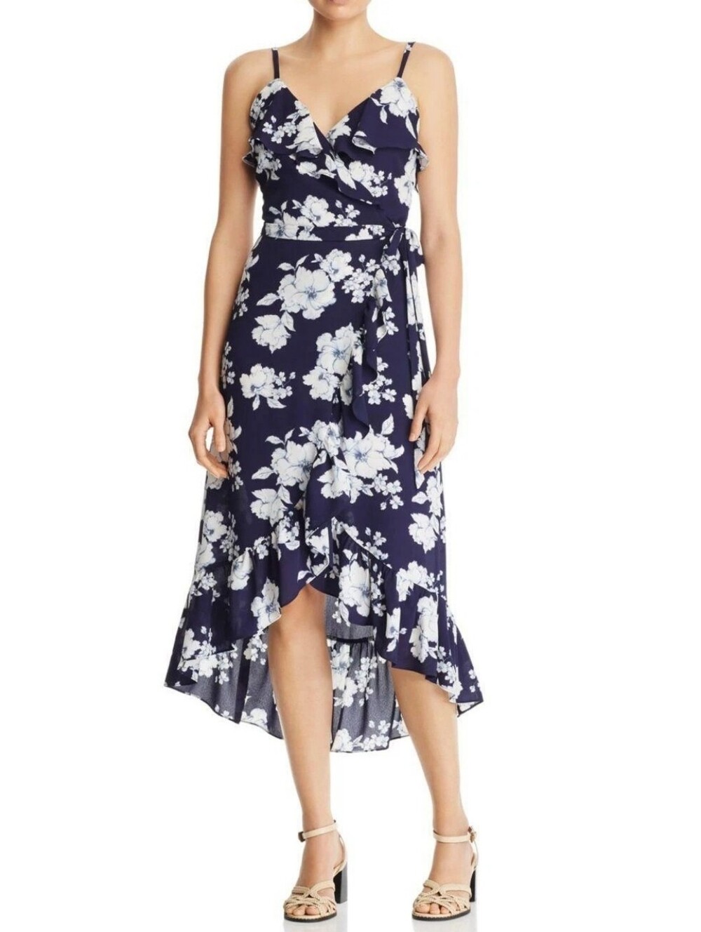 Dex Blue White Floral Print Faux Wrap Fit-&-Flare Midi Dress Womens Size XS